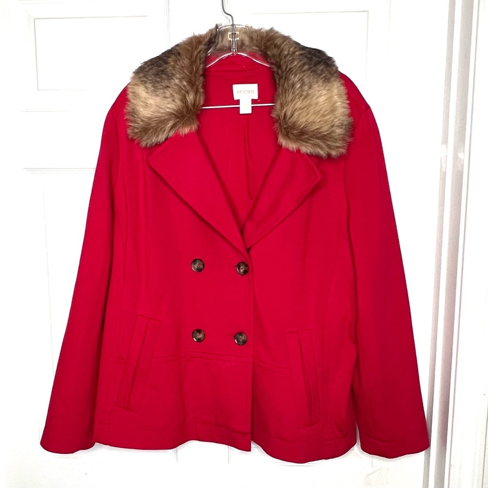Chico’s Sz 3 Red Double-Breasted Jacket with removable Faux Fur Collar Rayon